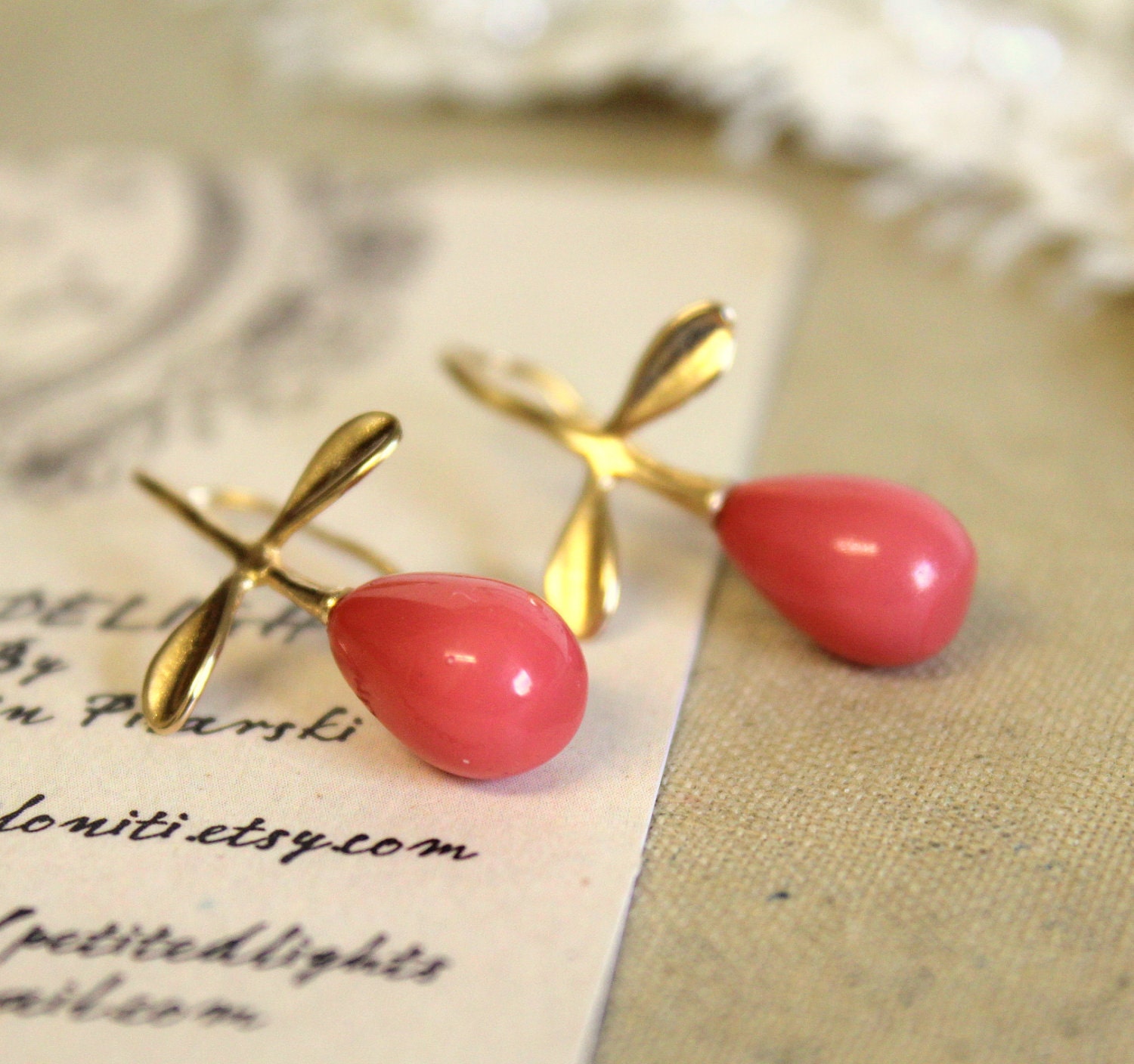 Coral Pearls and gold earrings - real gold field earrings with Majorica perfect coral tear drop pearls