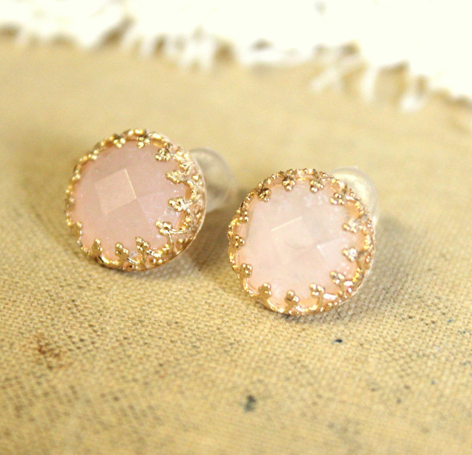 Elizabeth in pink - Real Rose quartz gem stone Earrings vintage and Elegant style