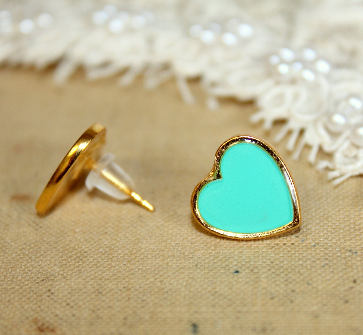 Blue sea foam blue Heart gold stud earring -petit elegant 14k gold coated post earrings