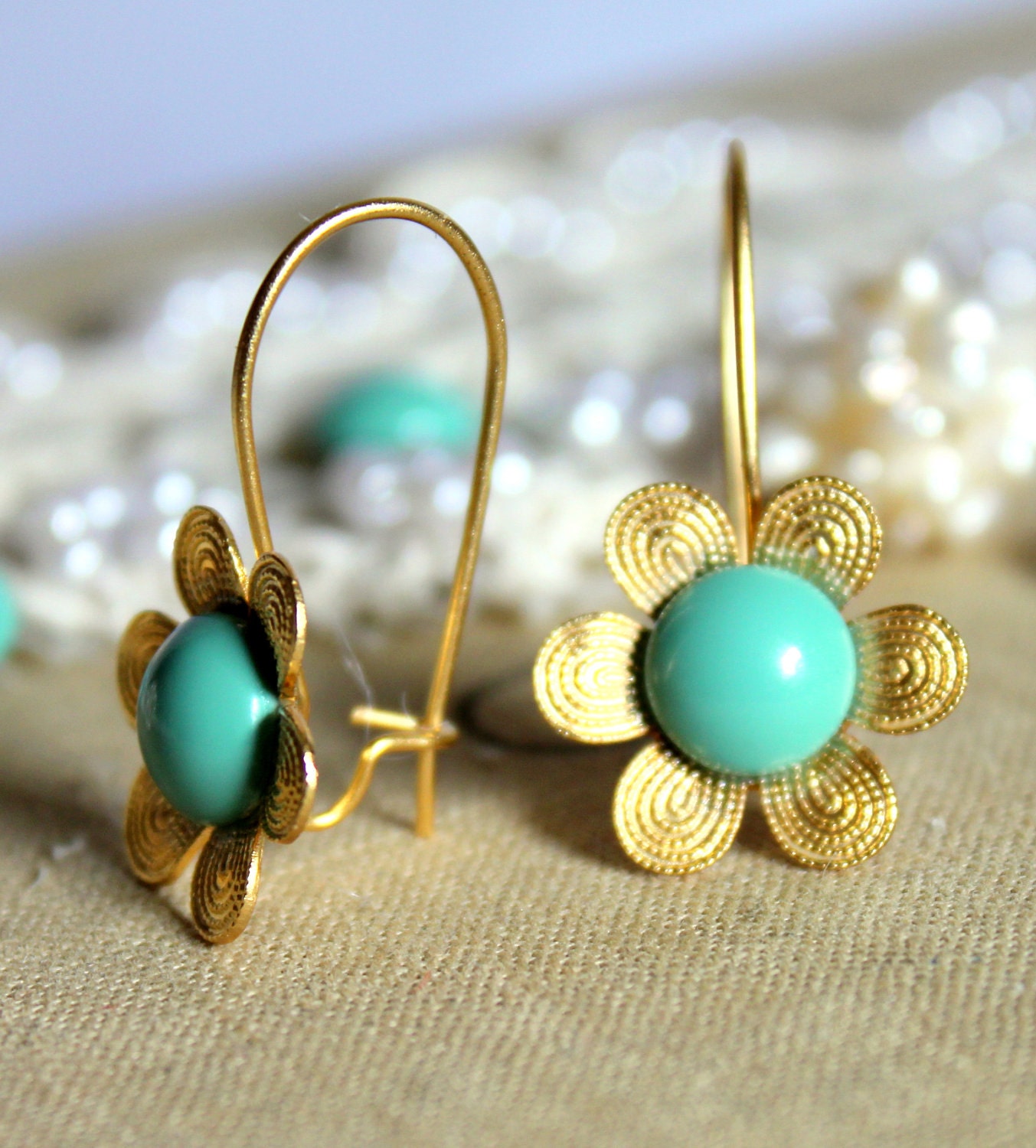 Tiffanys blue gold flower earrings - 14k gold plated earrings with real Turquoise swarovski pearls .