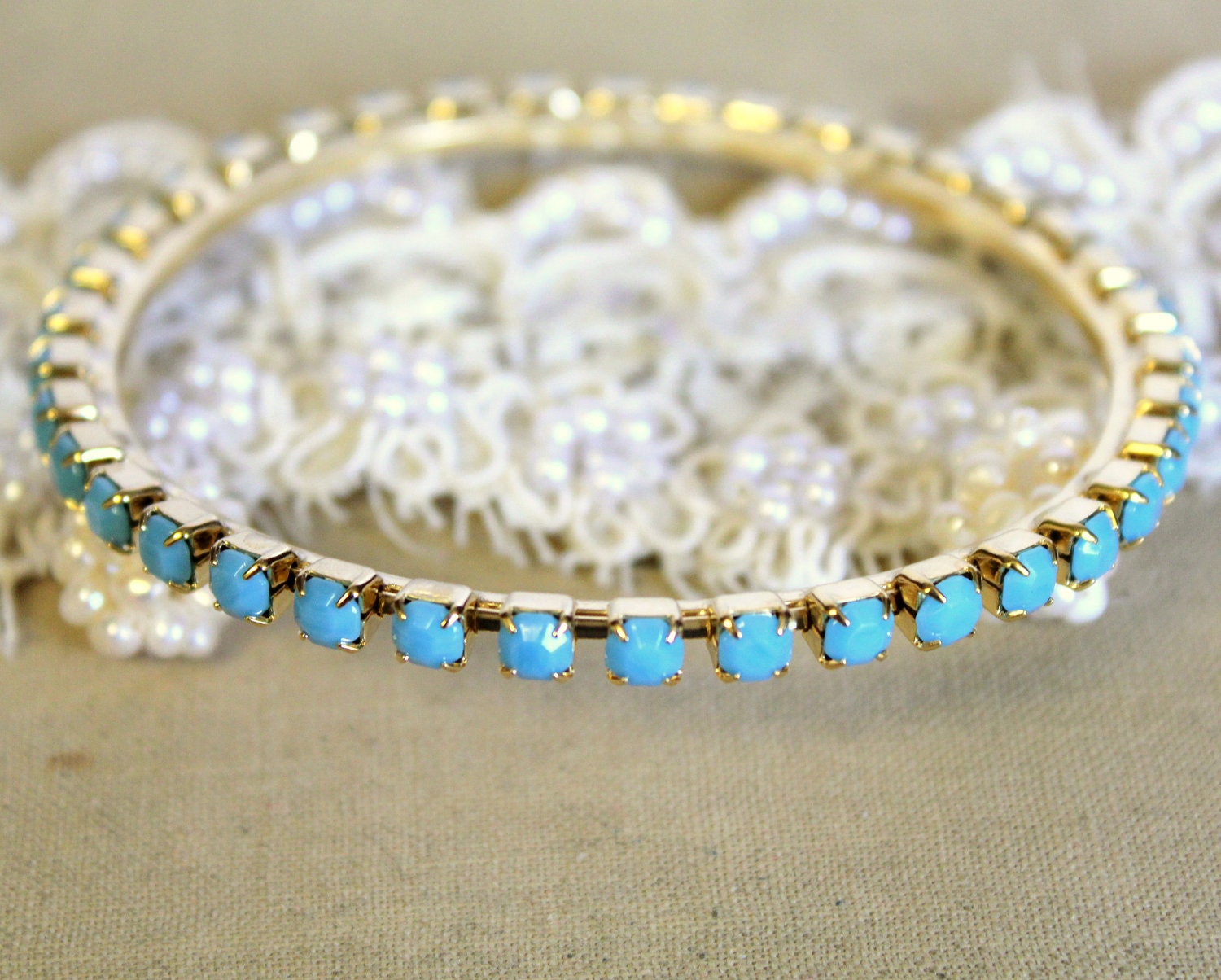 Chic turquoise bracelet plated 14k Gold turquoise Swarovski Rhinestones.