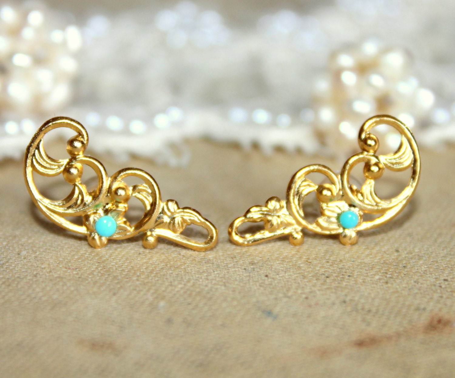 Petite victorian gold stud  earring - 14k plated gold post earrings with real Turquoise beads
