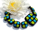 Chunky Fused Glass Bracelet, Fused Glass Jewelry, Kitschy, Retro, Modern, Geometric, Black, Blue, Yellow (Item 20018-B)
