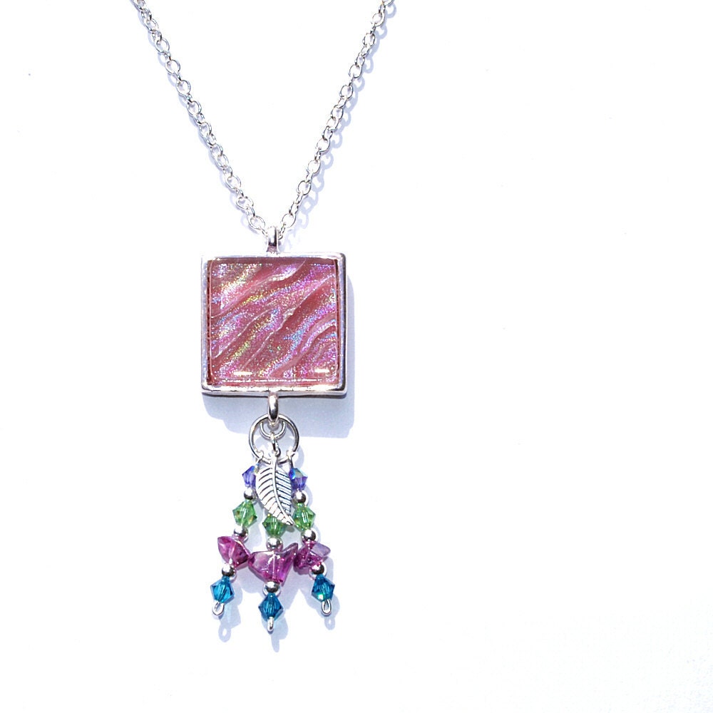 Dichroic Pendant, Swarovski, Boho, Fused Glass Jewelry, Square, Sterling Silver Beads, Dusty Rose, Glass Chips, Leaf (Item 10442-P) - IntoTheLight