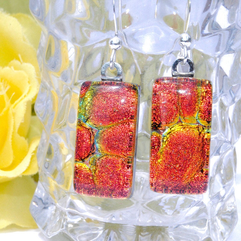Sunset, Fire, Lava, Dichroic Earrings, Fused Glass Jewelry, Rectangle, Sterling Silver Hooks, Bright, Orange, Tangerine, Gold (Item 30301-E)