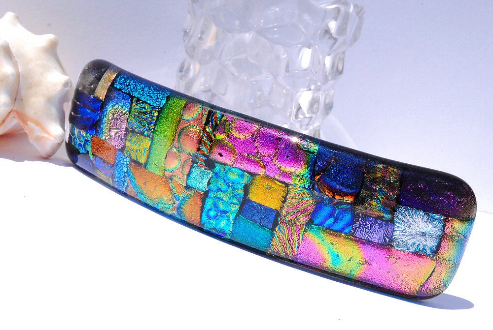 Large French Barrette, Abstract, Dichroic Glass Barrette, Mosaic, Fused Glass Hair Accessory, Colorful Rainbow, Patchwork (Item 50057-A)