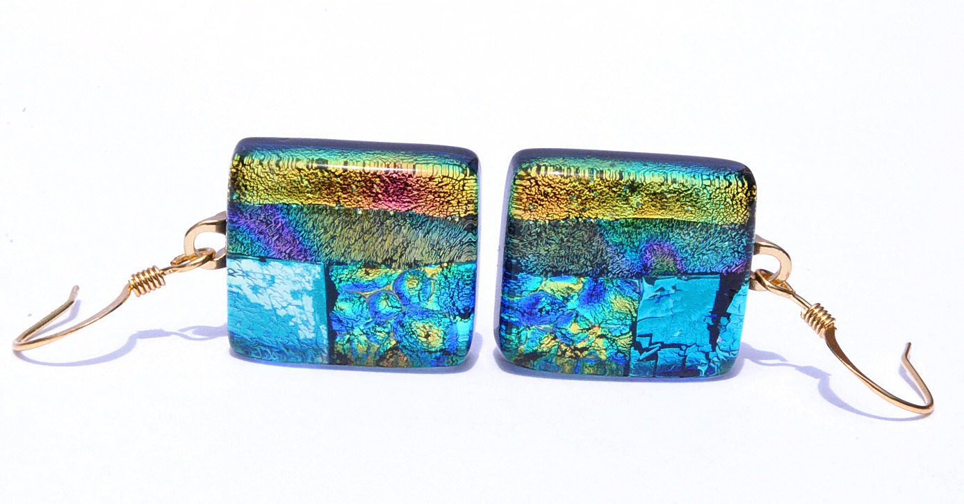 Dichroic Glass Earrings, Fused Glass Jewelry, Rectangle, 22K Gold Plated Hooks, Symmetrical, Contemporary, Teal, Gold, Blue (Item 30311-E)