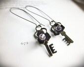 Skeleton Key Earrings, in Antiqued Brass and Pale Rose Pink Crystals