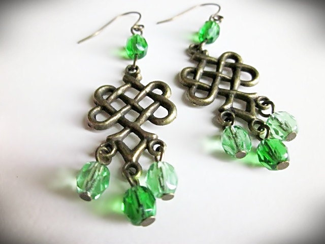 Green Chandelier Earrings, Celtic Knot, in Antiqued Brass and Emerald Czech Glass