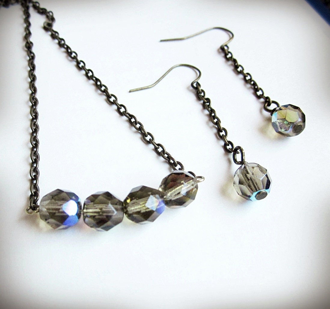 Simple Smoky Czech Glass Beaded Necklace and Earrings Jewelry Set