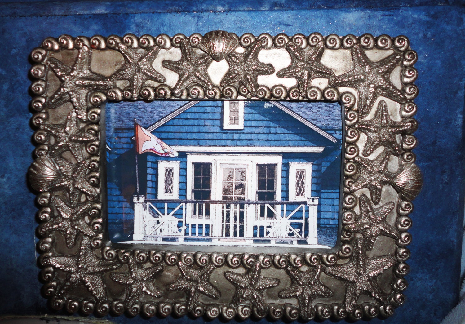 Framed Art Watercolor Beach House Slate Blue in Nautical Gunmetal Frame