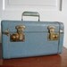 Vintage Baby Blue Train Case with White Threading and Textured Body Full Mirror Resin Handle