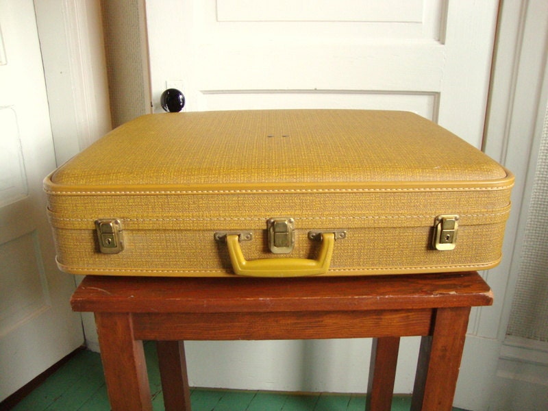 Vintage Mustard Yellow Suitcase Hardshell Body Faux Tweed Print Large Super 60s Retro Mod