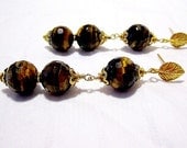 Tigers Eye Earrings Brown Earrings Gemstone Jewellery Natural Earth Tones Leaf Dangle Vermeil Chocolate