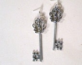 Silver Key Earrings Steampunk Jewelry Scroll Jewellery Handmade Skeleton Key Ornate Goth Fashion ER-61