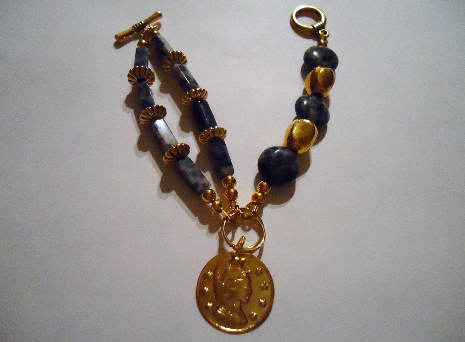 Blue Sodalite Bracelet Gold Jewelry Gemstone Jewellery Coin Charm Unique Handcrafted Asymmetric Funky Navy Denim
