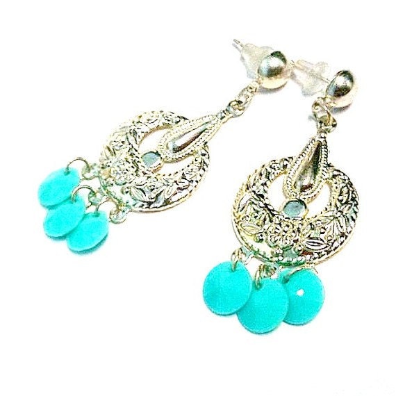 Turquoise Earrings Silver Jewelry Chandelier Earrings Dangle Pierced Gift under 10 Everyday Summer Fashion Aqua Teal