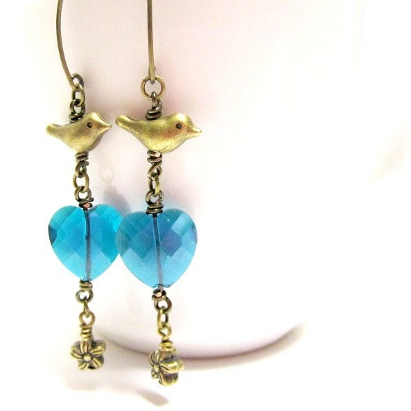 Teal Earrings Brass Jewelry Crystal Jewellery Heart Bird Flower Unique Handcrafted Fashion Summer Trendy Turquoise