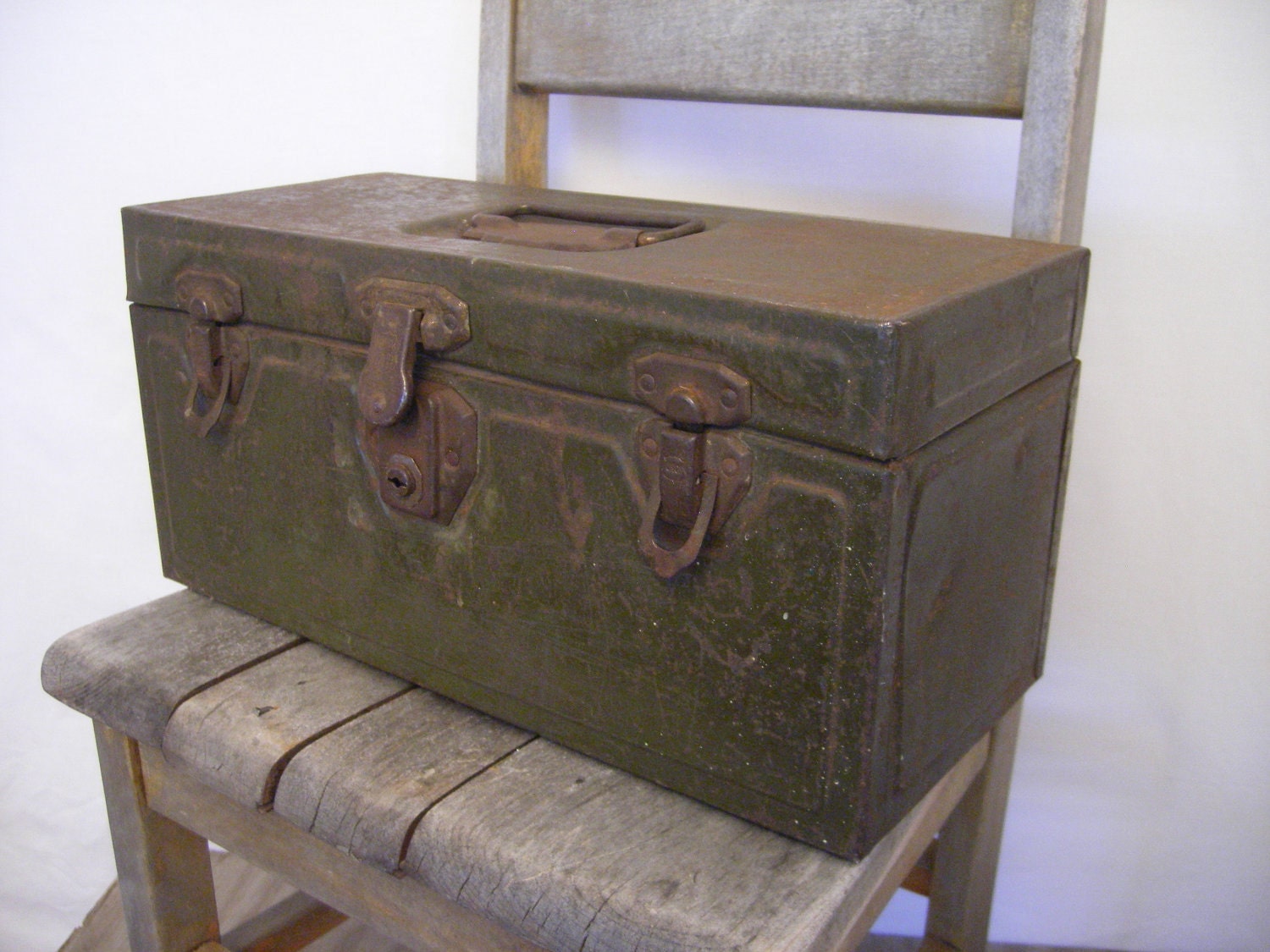Industrial army green Metal Tool box tray patina industrial storage