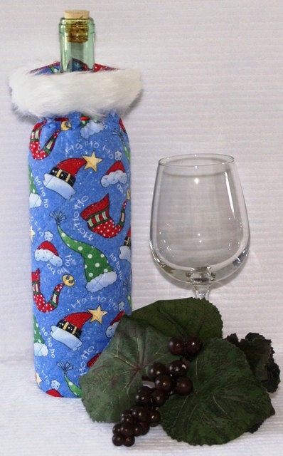 Wine Bottle Wrap Cozy - Insulated -Christmas HOHOHO Blue