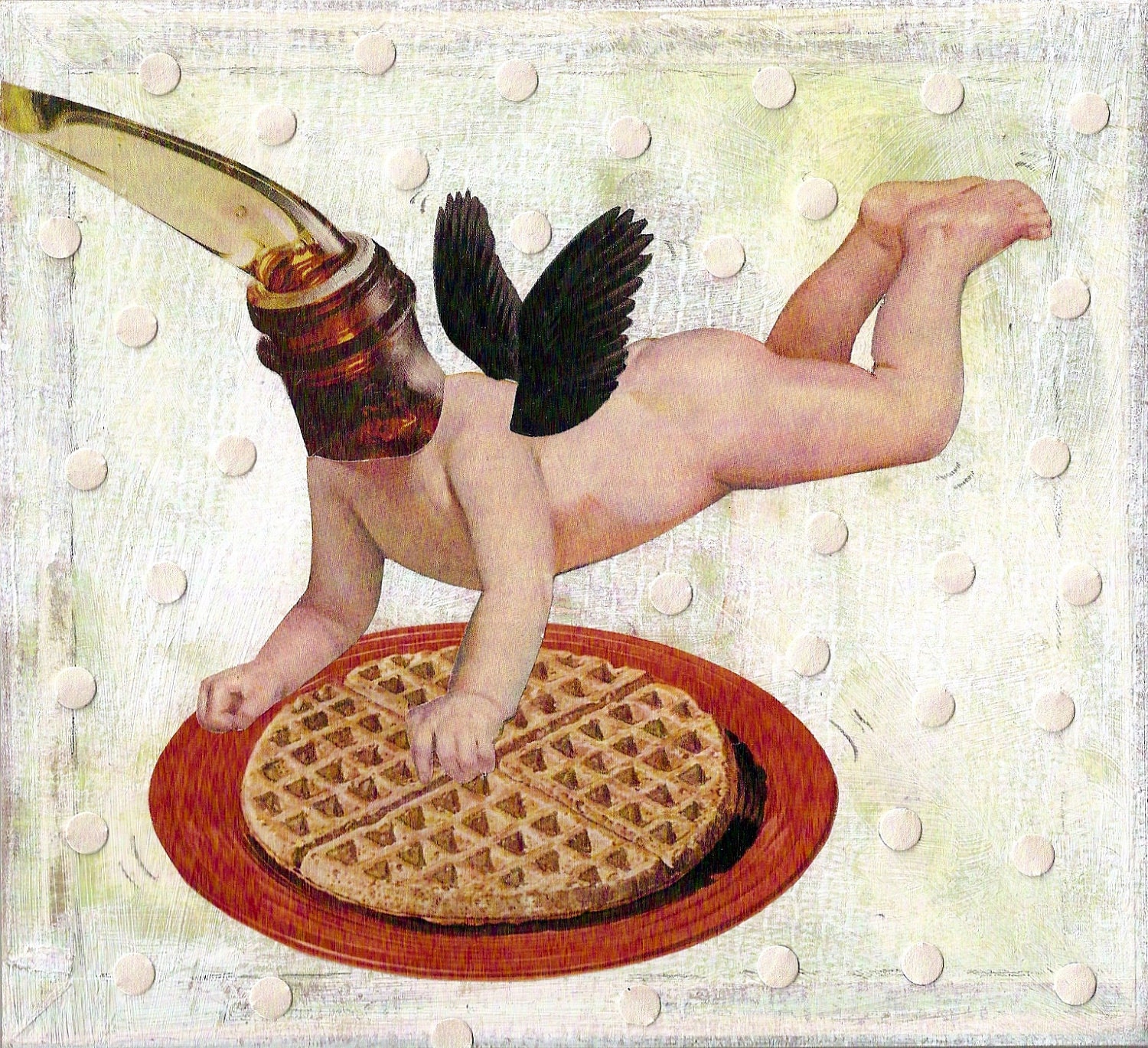 Original Collage Art on Box Lid (OOAK, retro home decor, Mixed Media) -- Maple Syrup Putto with Waffle and Polka Dots