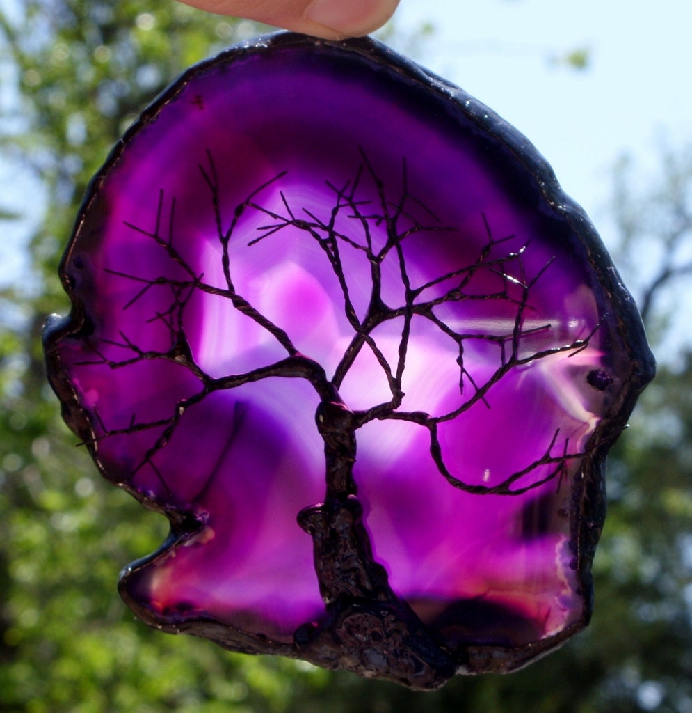 Black Wire Tree Of Life Metal Wall Art Sculpture On A Purple Agate Stone Crystal Suncatcher