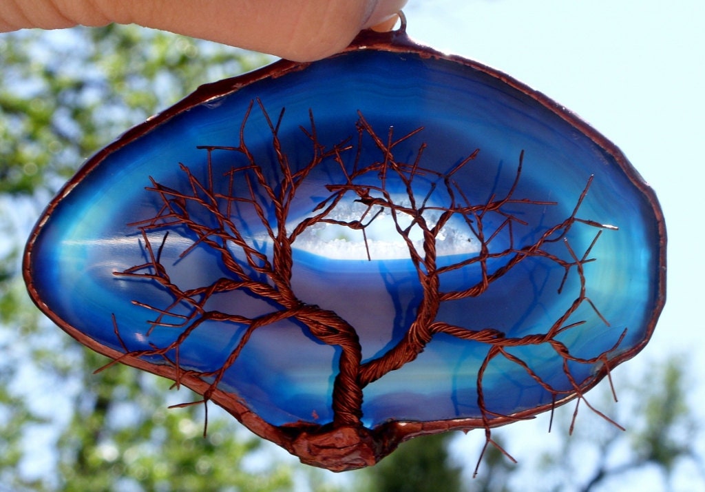 Copper Wire Tree Of Life Metal Wall Art Sculpture On A Blue And White Agate Stone Crystal Suncatcher