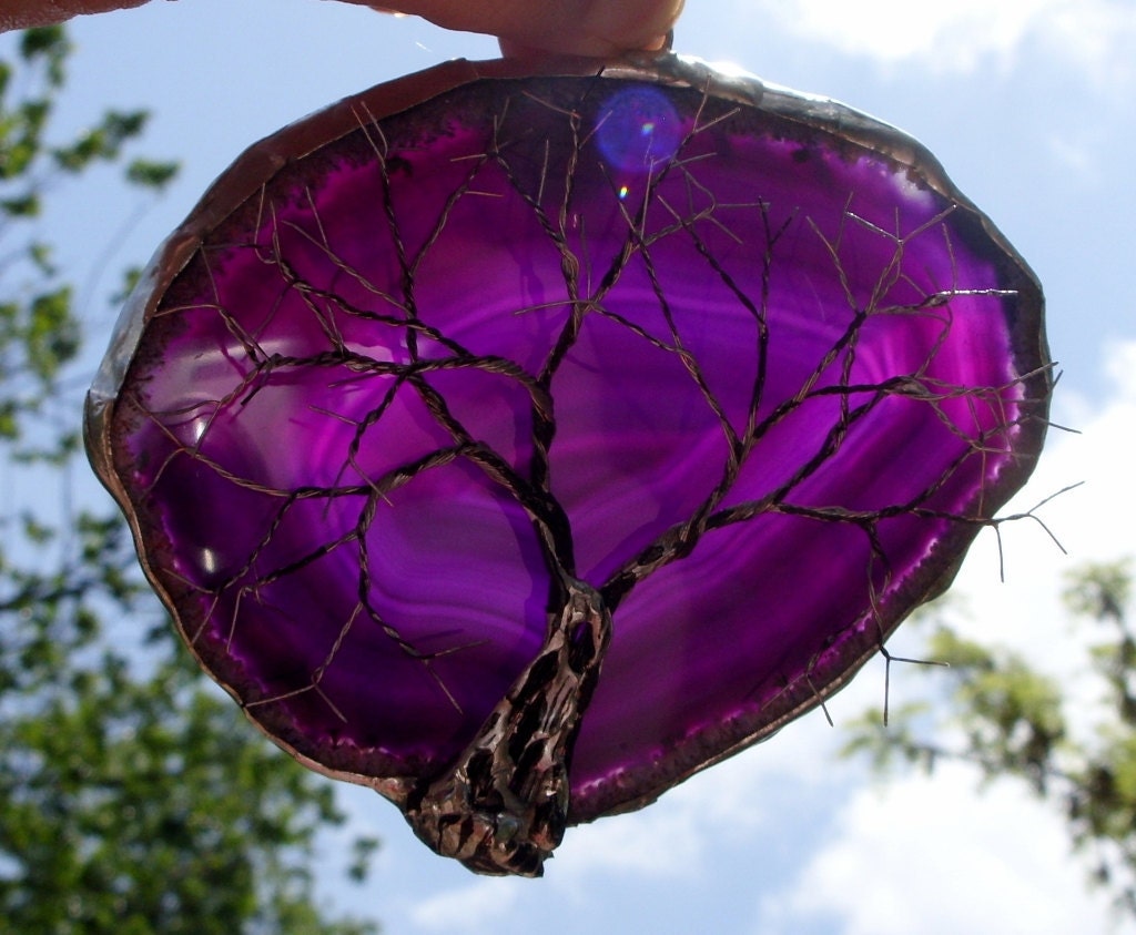 Silver And Black Wire Tree Of Life Metal Wall Art Sculpture On A Purple Agate Stone Crystal Suncatcher