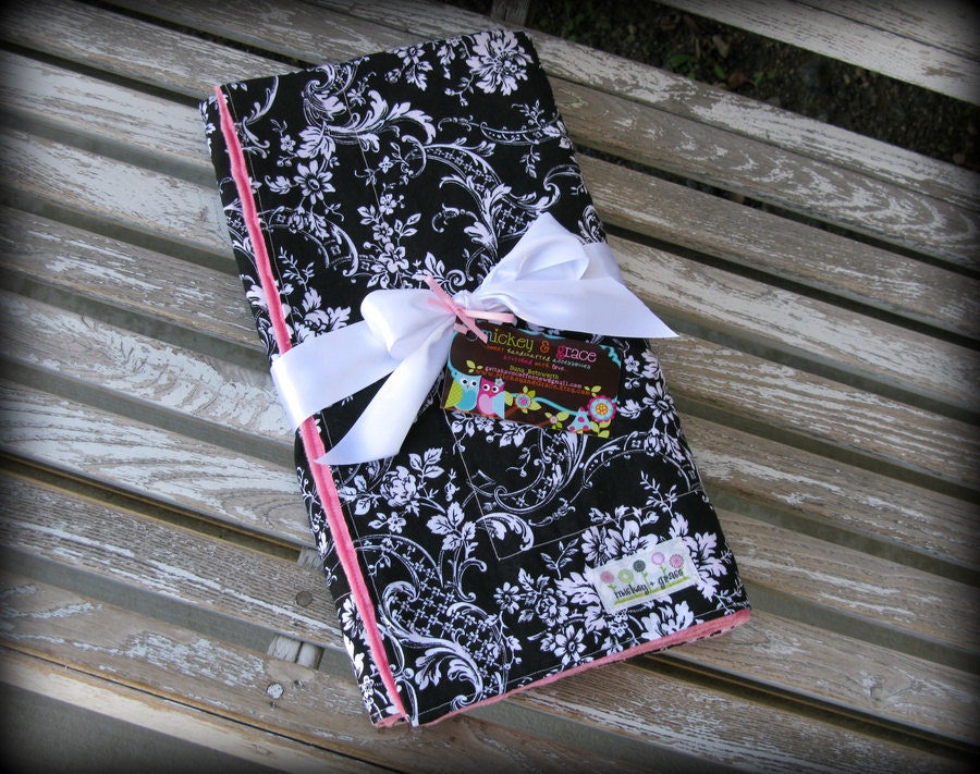 Baby Girl Blanket in Black and White Damask/ Pink Minky ... Baby Girl Shower Gift/ Baby Girl Gift