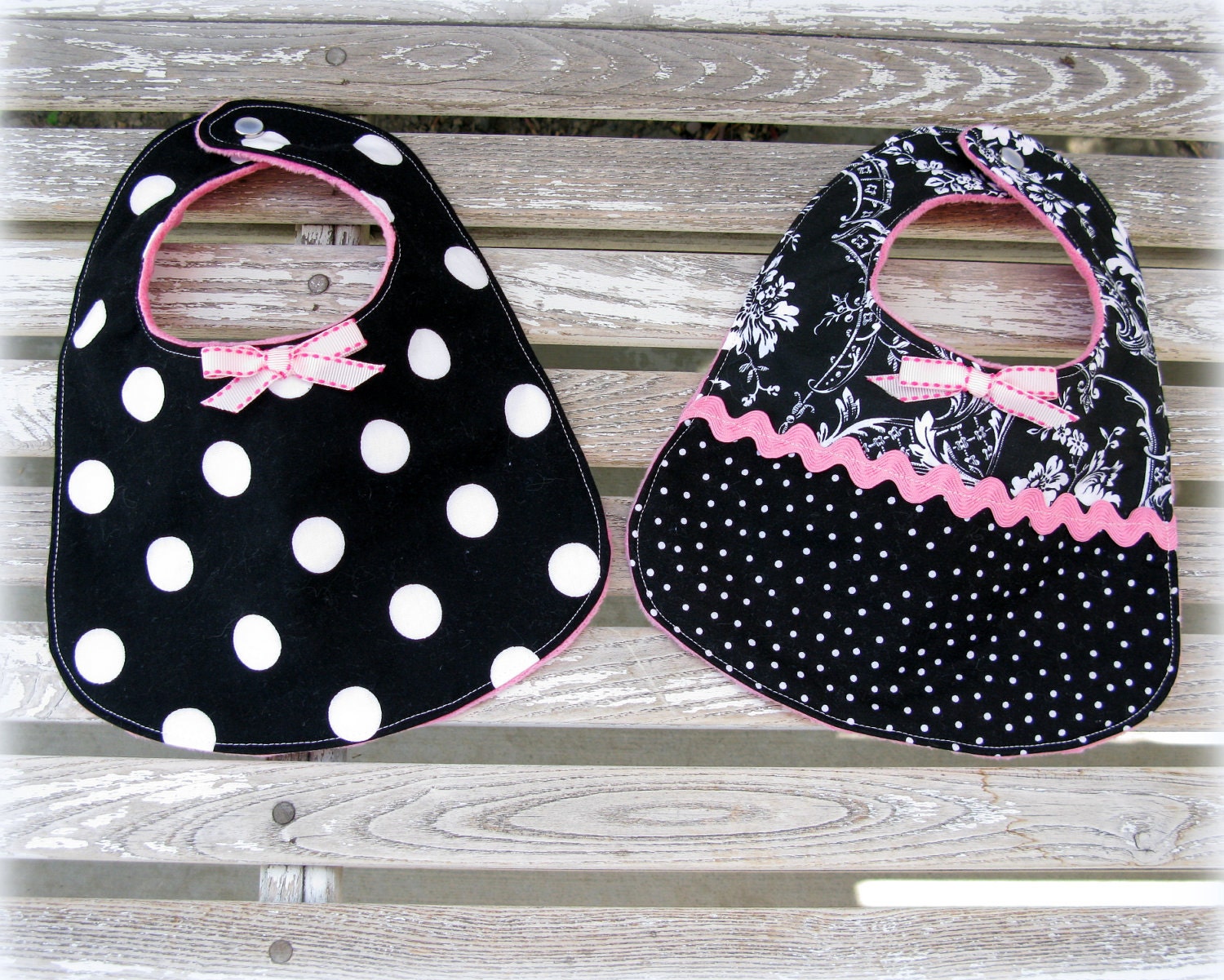 2 Baby Girl Bibs in Black and White Damask and Black Polka Dot /Baby Accessories Pink Minky/ Baby Girl Shower Gift