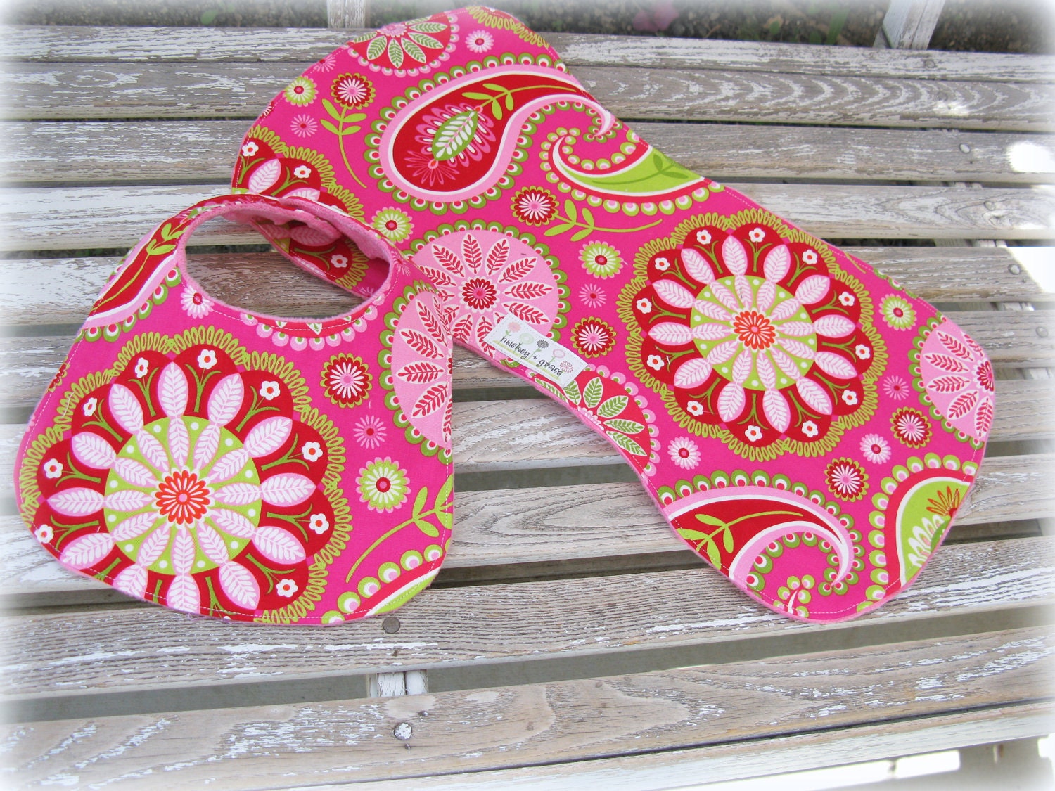 Baby Girl Gift Set, Bib and Burpie in Pink Minky/Pillow and Maxfield's Gypsy Bandana. Hot Pink and Lime Green Paisley, Baby Shower Gift