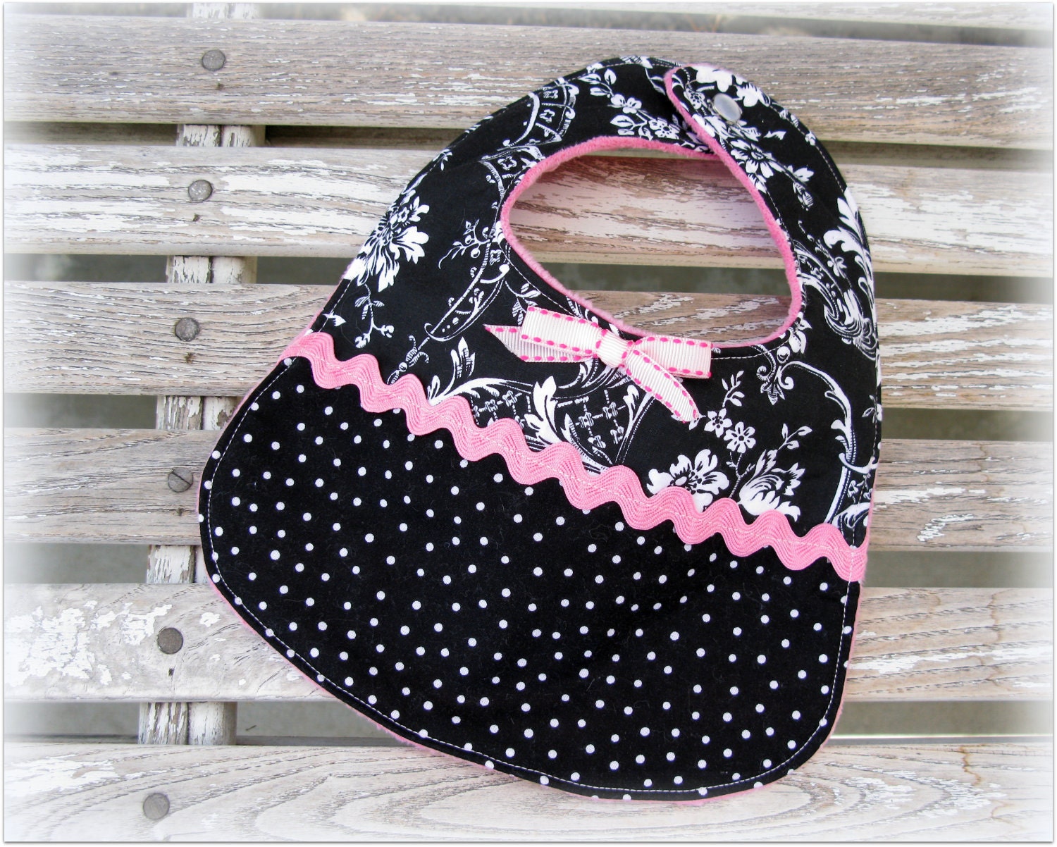 Baby Girl Boutique Style Bib in Black Damask/Pink Minky .... Baby Girl Shower Gift