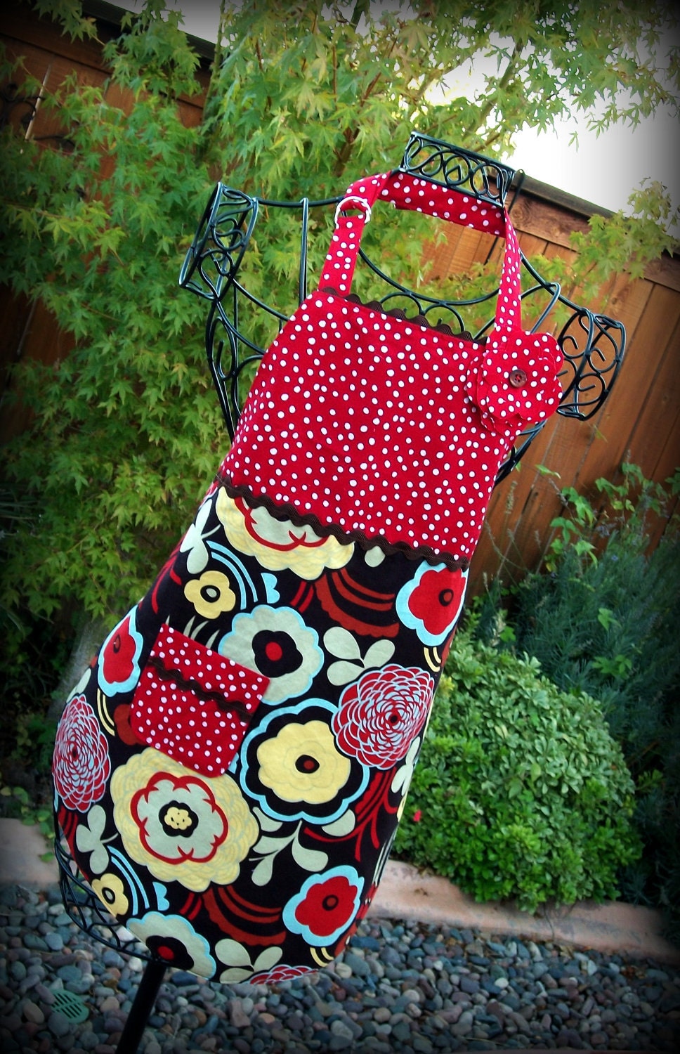 Childrens/ Girls Full Apron in Alexander Henry's Mocca, Red Polka Dot/ Girls Gift