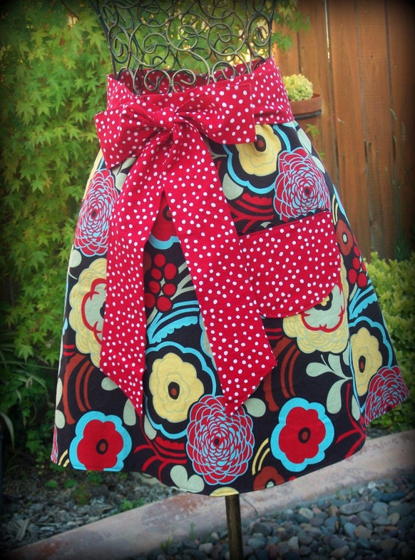Women's Hostess Apron in Retro Floral, Alexandar Henry Mocca, Red Polka Dots/ Ladies Birthday Gift