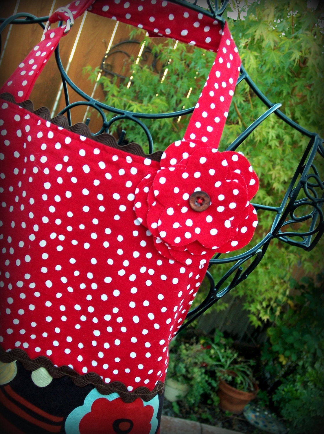 Childrens/ Girls Full Apron in Alexander Henry's Mocca, Red Polka Dot/ Girls Gift