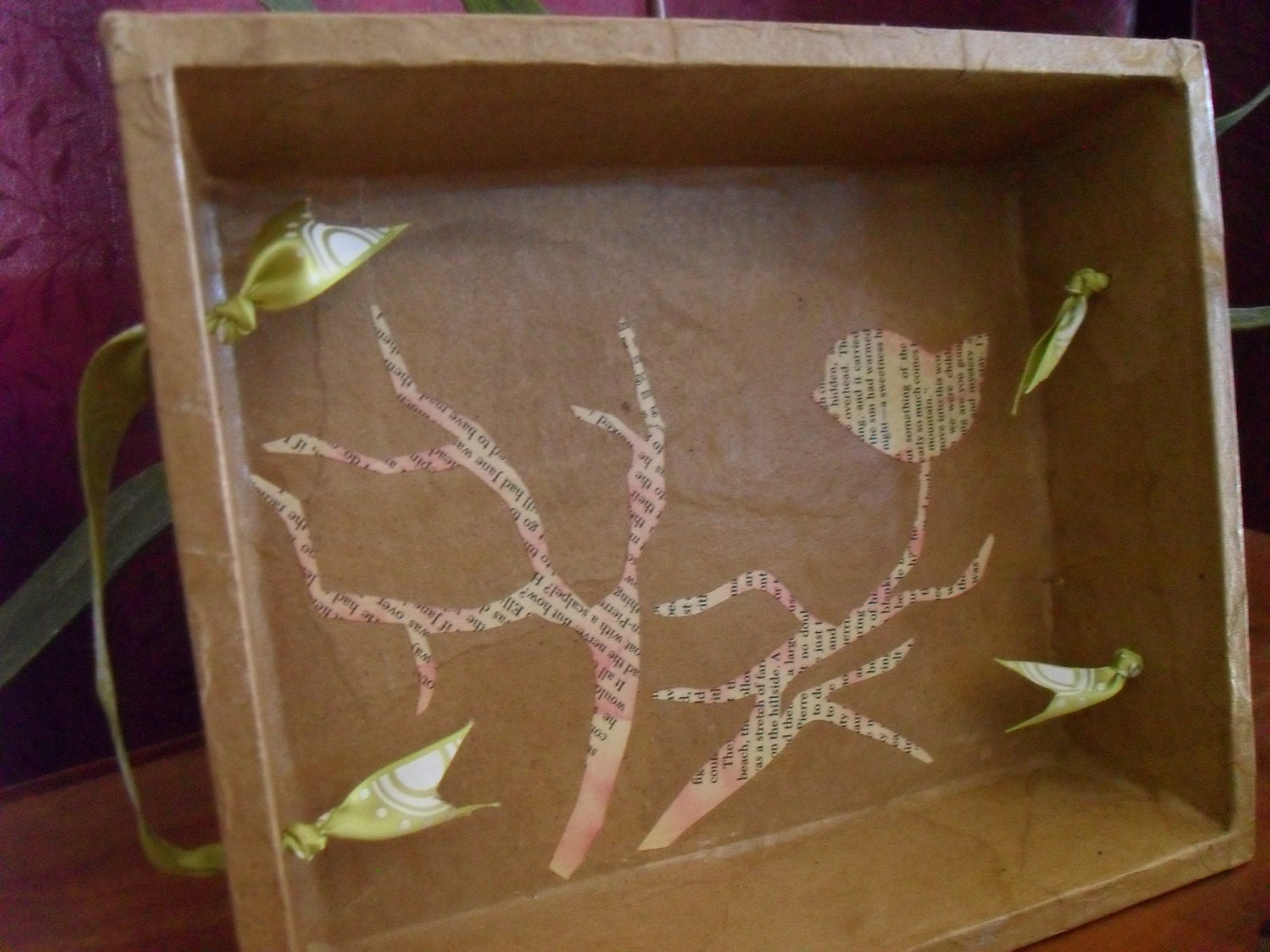 Faux Leather Wood Tray with Paper Bird Collage