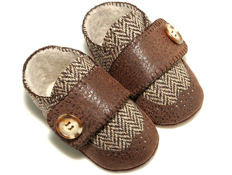 Nathan Baby Boy Wingtip Shoe in Brown Herringbone Wool /slipper/bootie , Infant, Toddler & Pre School, Handmade by Pink2Blue.