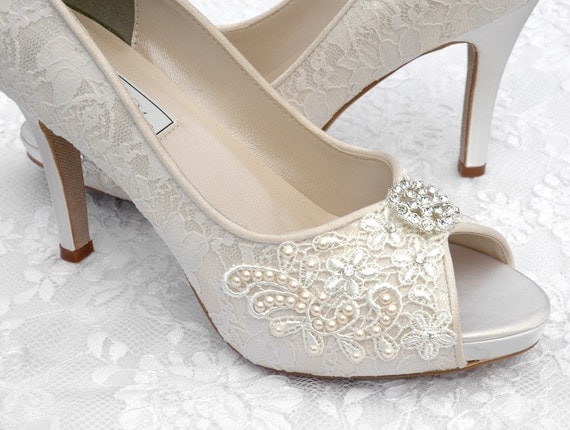 Wedding Shoes - Custom Colors 120 Choices - Vintage Wedding Lace Peep Toe Heels, Women's PB384 Bridal Shoes