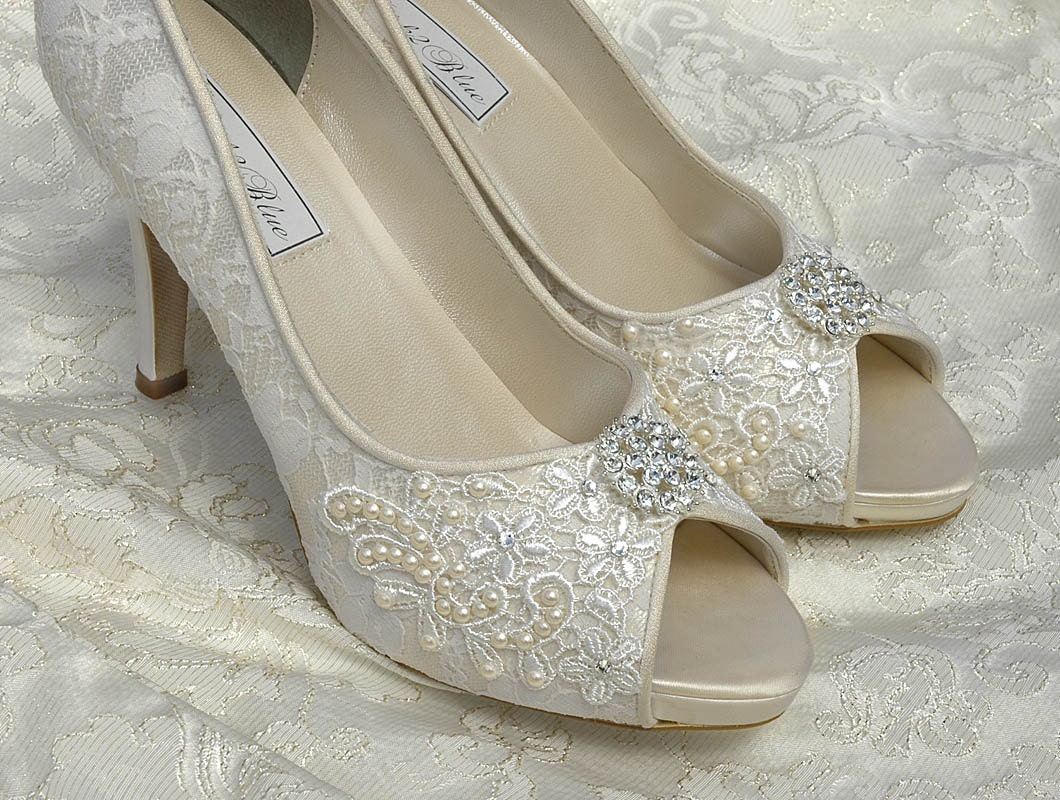 Wedding Shoes - Custom Colors 120 Choices - Vintage Wedding Lace Peep Toe Heels, Women's PB384 Bridal Shoes