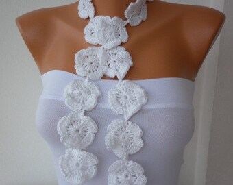 White Scarf  Flower Scarf, Cowl, Necklace,Lariat