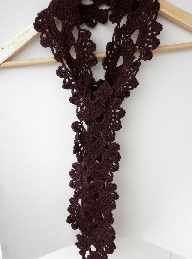 Brown Queen Anne's Lace Scarf Crochet Scarf Dark Coffee Chocolate Natural Bamboo Ecofriendly Soft Antibacterial the frontpage on ETSY