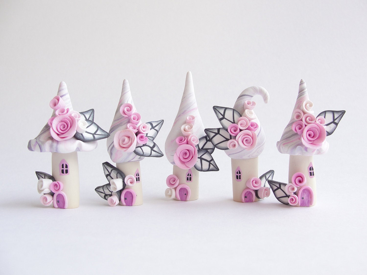 Fairy house village in miniature in pale pink and grey colours handmade from polymer clay