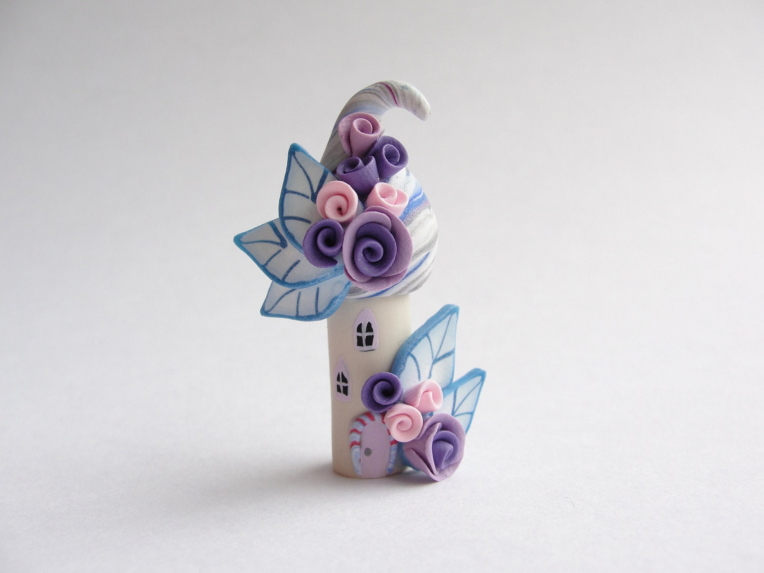 Little house in blue, pink and purple polymer clay fairy house home miniature