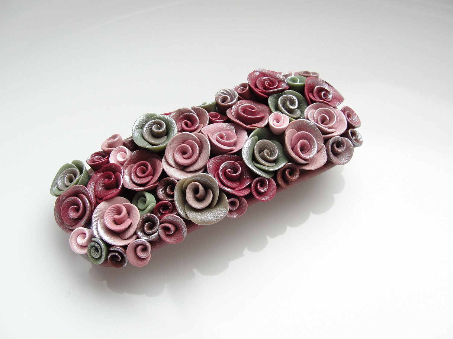 Vintage style wedding rose barrette hair clip in dusky pink colours handmade from polymer clay