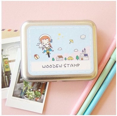 12 kinds of Korea DIY  lovely little girl iron boxes seal stamp rubber stamps-blue