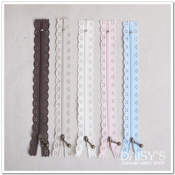 Lace Short Zippers - Scallop Lace Clothes Purse Bags Metal Zipper Trim DIY Fabric Crafts 5Pcs - 9 Inches
