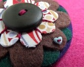 Greens and browns dotty mod cotton and felt flower brooch / pin