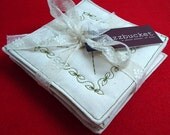Natural calico green leaf embroidered coasters - set of 6