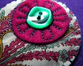 Bright pink and turquoise paisley felt and fabric brooch / pin