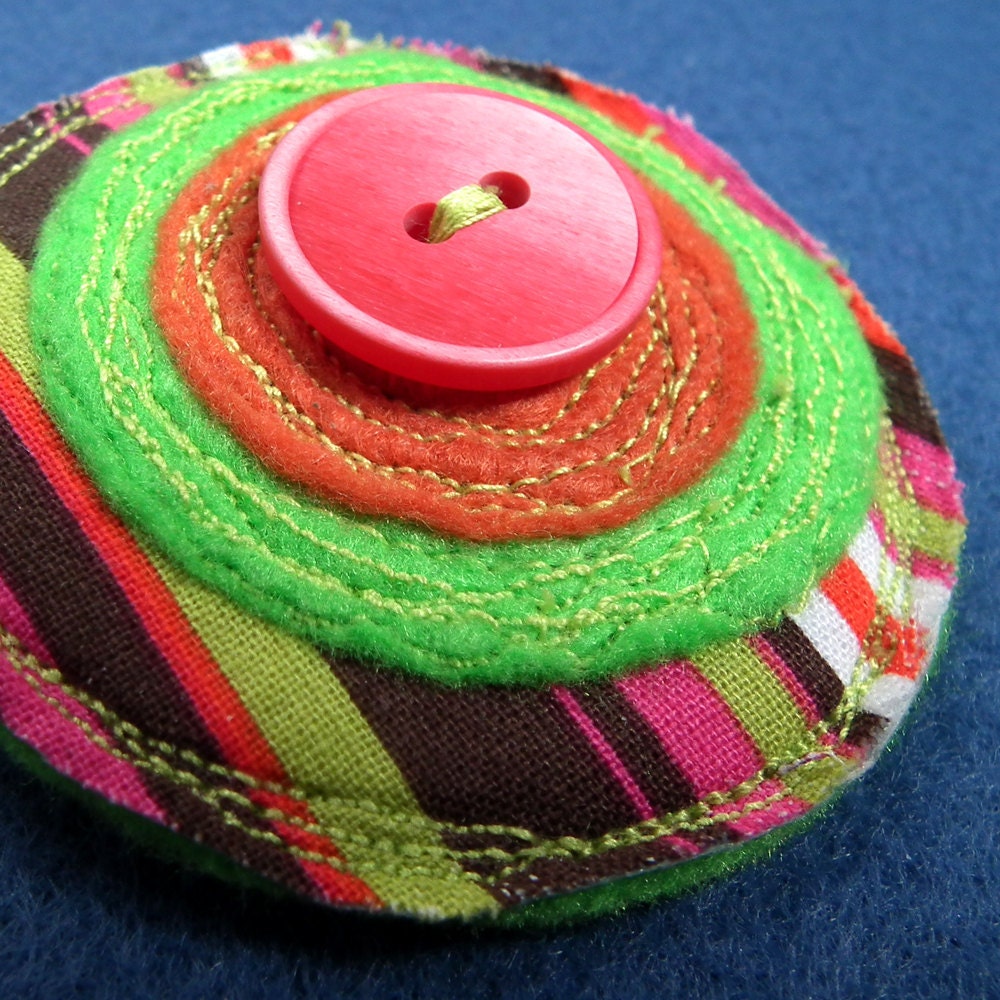 Bright candy stripe felt and fabric button brooch / pin